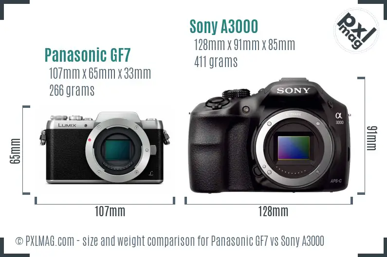 Panasonic GF7 vs Sony A3000 size comparison