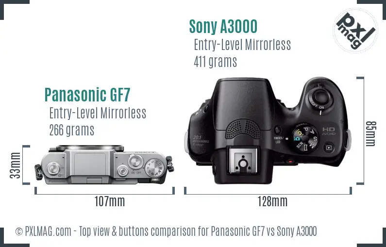 Panasonic GF7 vs Sony A3000 top view buttons comparison
