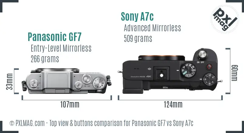 Panasonic GF7 vs Sony A7c top view buttons comparison