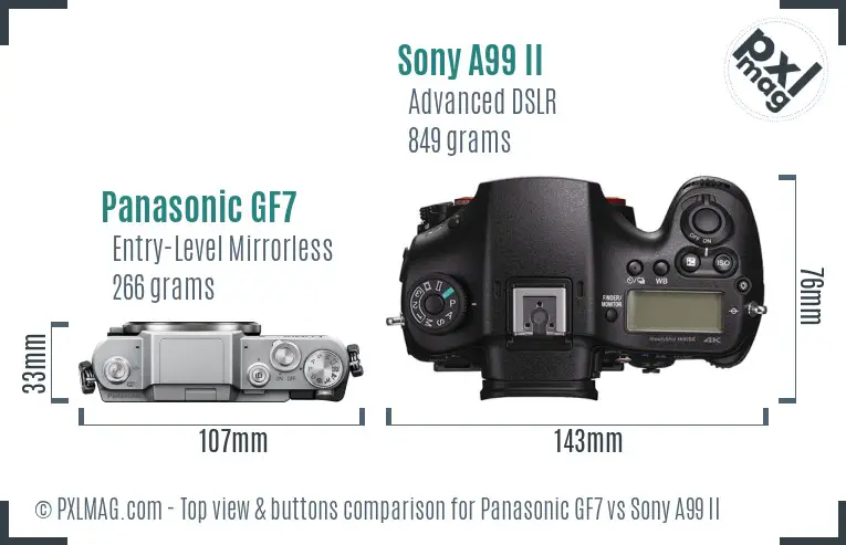 Panasonic GF7 vs Sony A99 II top view buttons comparison