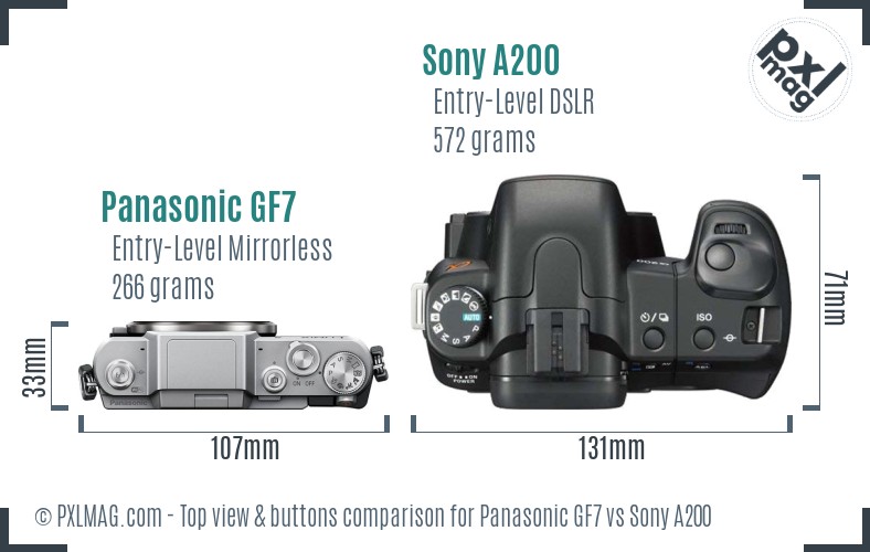 Panasonic GF7 vs Sony A200 top view buttons comparison