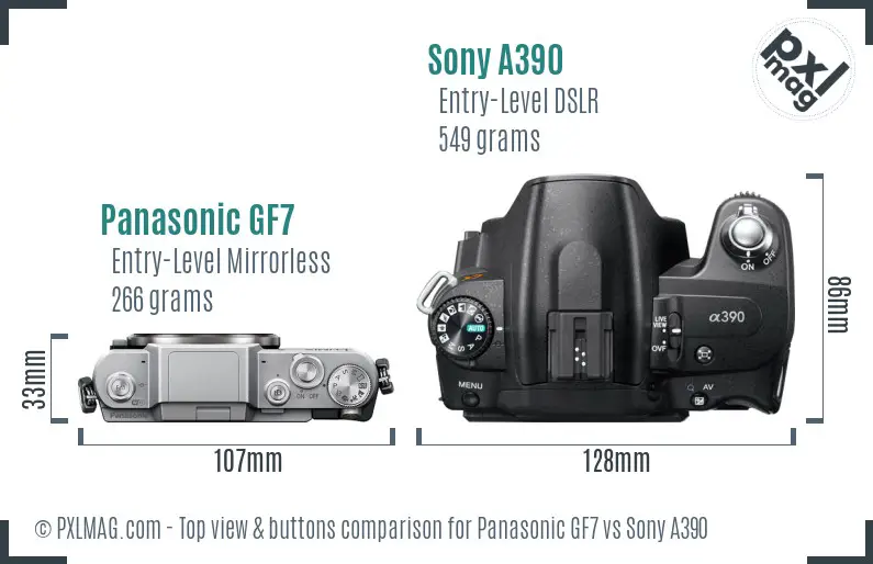 Panasonic GF7 vs Sony A390 top view buttons comparison Panasonic GF7 vs Sony A390 top view buttons comparison