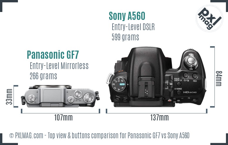 Panasonic GF7 vs Sony A560 top view buttons comparison