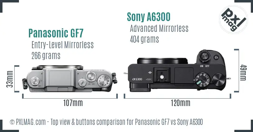 Panasonic GF7 vs Sony A6300 top view buttons comparison Panasonic GF7 vs Sony A6300 top view buttons comparison
