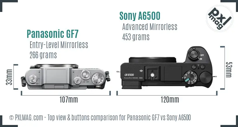 Panasonic GF7 vs Sony A6500 top view buttons comparison Panasonic GF7 vs Sony A6500 top view buttons comparison