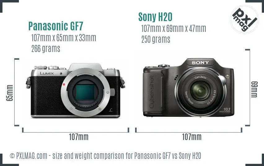 Panasonic GF7 vs Sony H20 size comparison