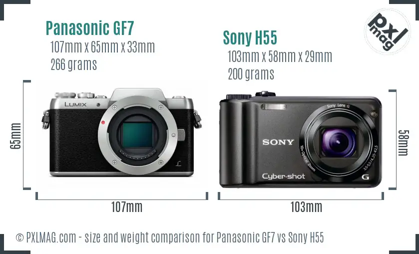 Panasonic GF7 vs Sony H55 size comparison