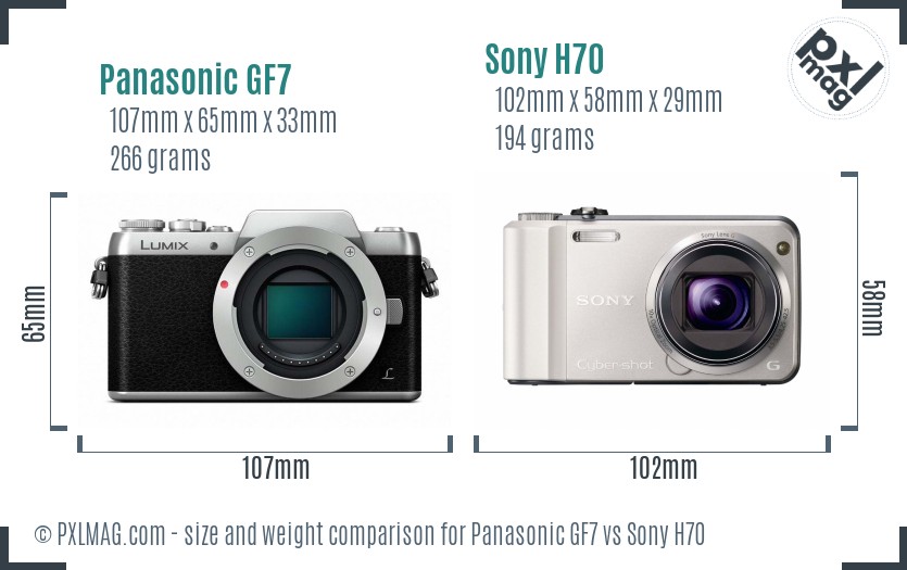 Panasonic GF7 vs Sony H70 size comparison