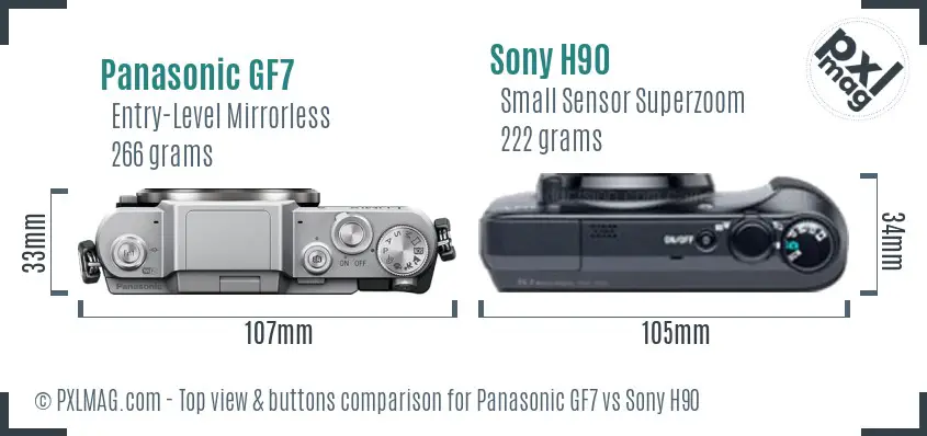 Panasonic GF7 vs Sony H90 top view buttons comparison Panasonic GF7 vs Sony H90 top view buttons comparison