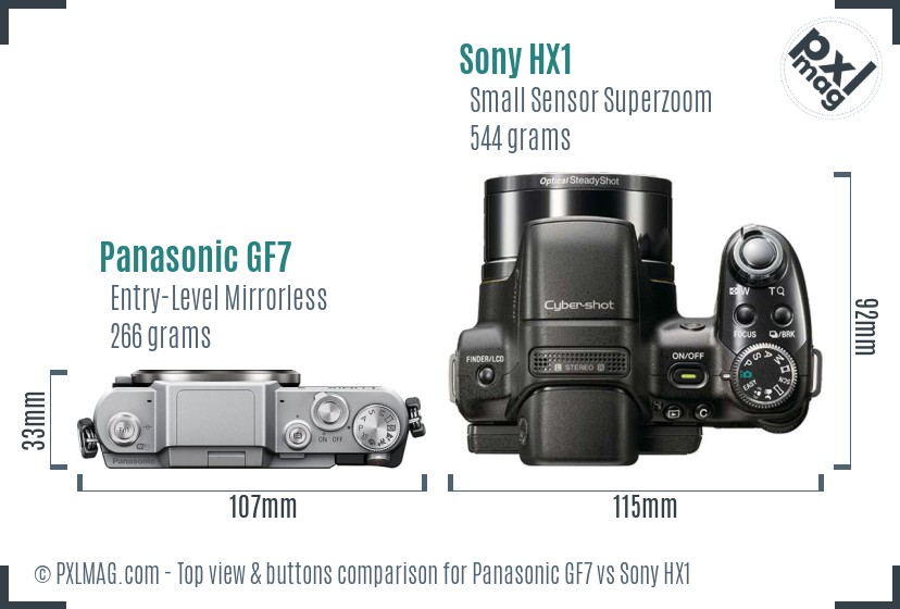 Panasonic GF7 vs Sony HX1 top view buttons comparison