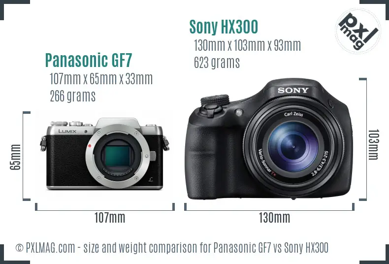 Panasonic GF7 vs Sony HX300 size comparison