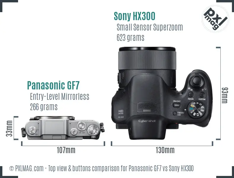 Panasonic GF7 vs Sony HX300 top view buttons comparison