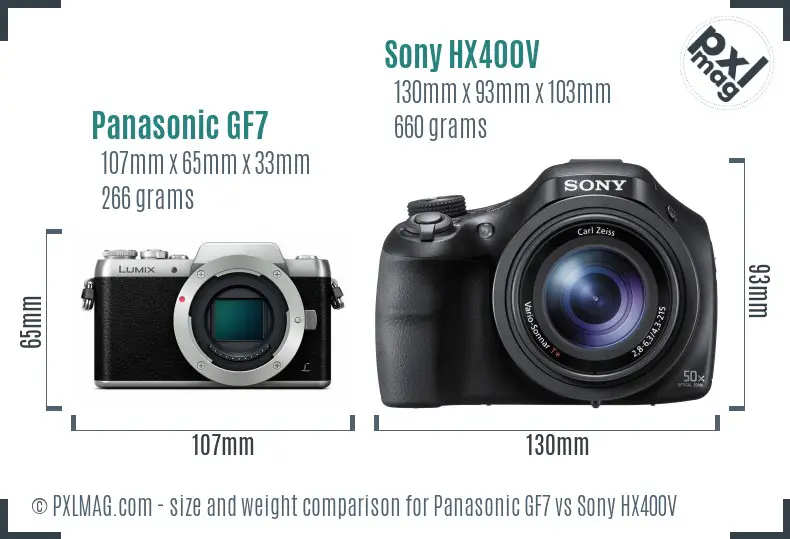 Panasonic GF7 vs Sony HX400V size comparison