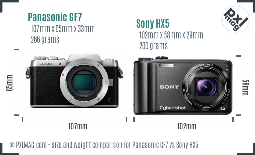 Panasonic GF7 vs Sony HX5 size comparison