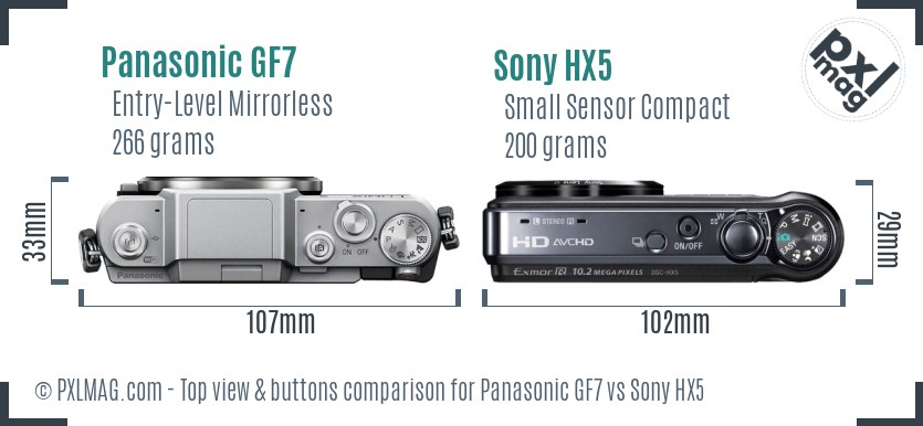 Panasonic GF7 vs Sony HX5 top view buttons comparison