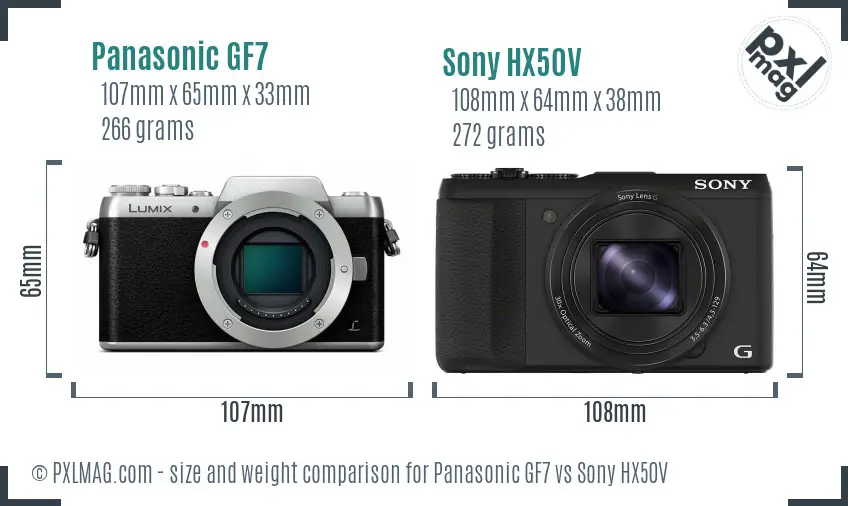 Panasonic GF7 vs Sony HX50V size comparison