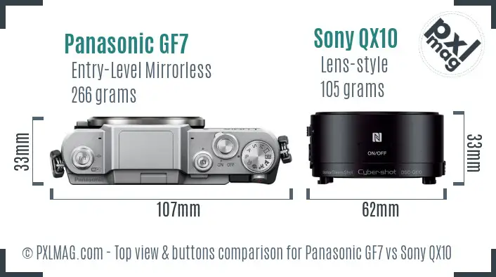 Panasonic GF7 vs Sony QX10 top view buttons comparison