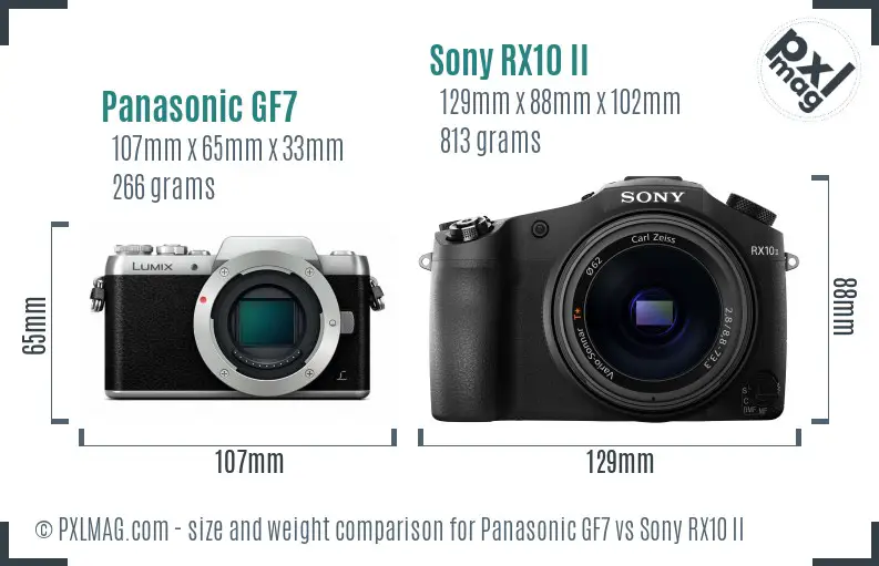 Panasonic GF7 vs Sony RX10 II size comparison