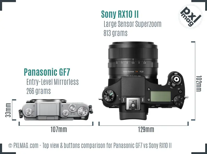 Panasonic GF7 vs Sony RX10 II top view buttons comparison