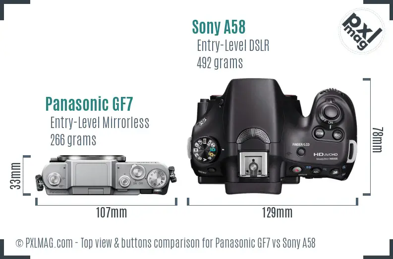 Panasonic GF7 vs Sony A58 top view buttons comparison