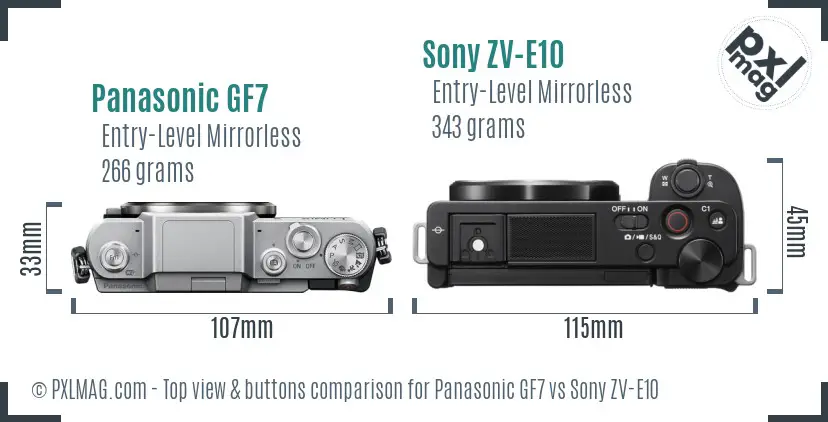 Panasonic GF7 vs Sony ZV-E10 top view buttons comparison