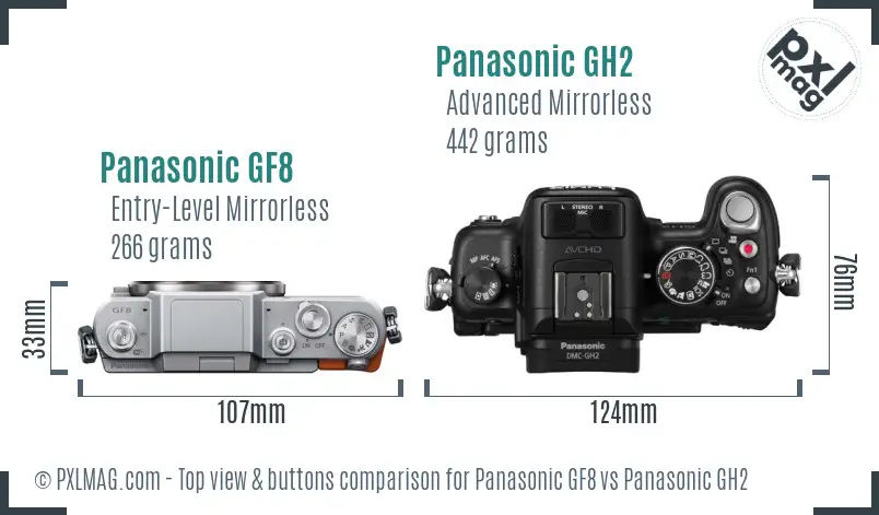 Panasonic GF8 vs Panasonic GH2 top view buttons comparison