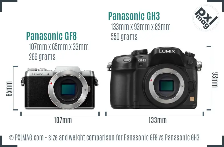 Panasonic GF8 vs Panasonic GH3 size comparison