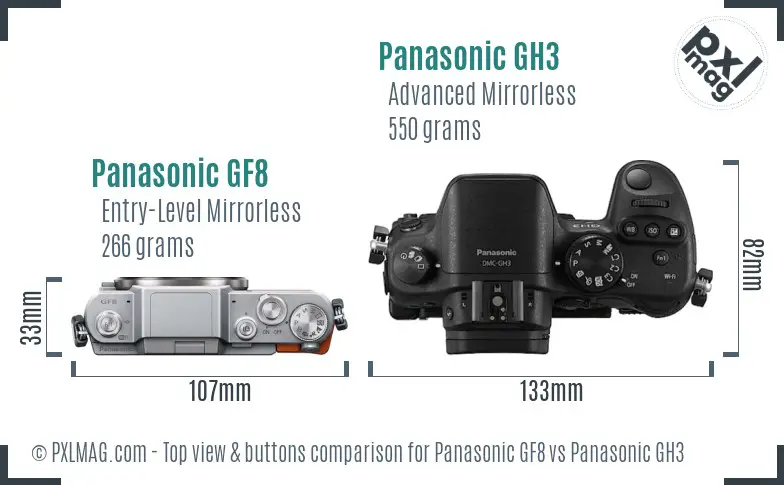 Panasonic GF8 vs Panasonic GH3 top view buttons comparison