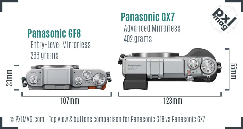 Panasonic GF8 vs Panasonic GX7 top view buttons comparison