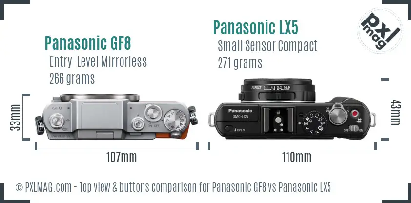 Panasonic GF8 vs Panasonic LX5 top view buttons comparison Panasonic GF8 vs Panasonic LX5 top view buttons comparison