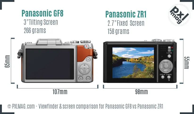 Panasonic GF8 vs Panasonic ZR1 Screen and Viewfinder comparison