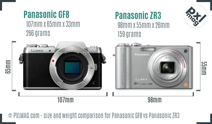 Panasonic GF8 vs Panasonic ZR3 size comparison