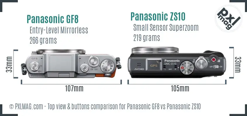 Panasonic GF8 vs Panasonic ZS10 top view buttons comparison