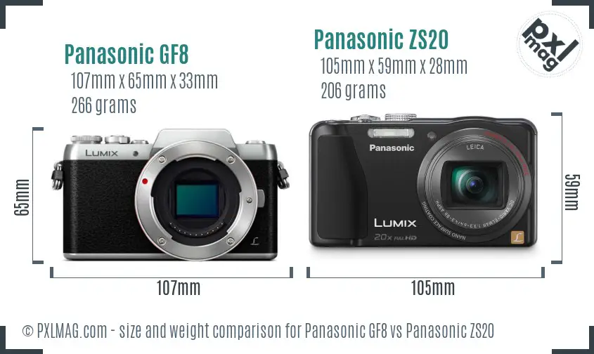 Panasonic GF8 vs Panasonic ZS20 size comparison