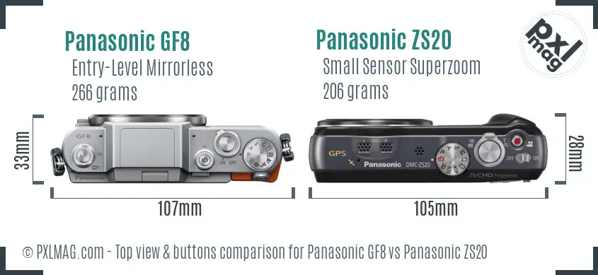 Panasonic GF8 vs Panasonic ZS20 top view buttons comparison