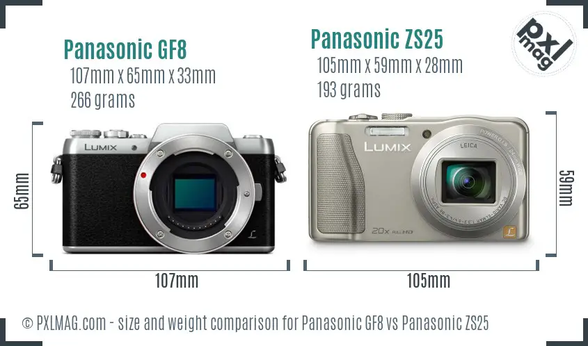 Panasonic GF8 vs Panasonic ZS25 size comparison
