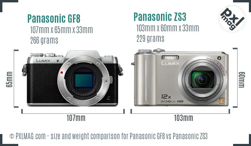 Panasonic GF8 vs Panasonic ZS3 size comparison