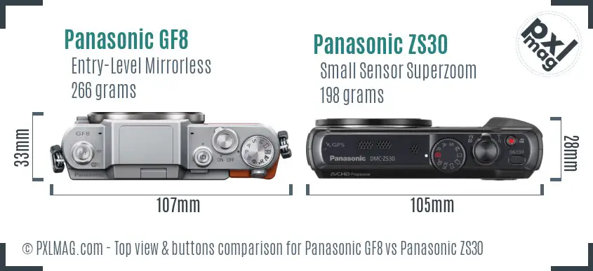 Panasonic GF8 vs Panasonic ZS30 top view buttons comparison