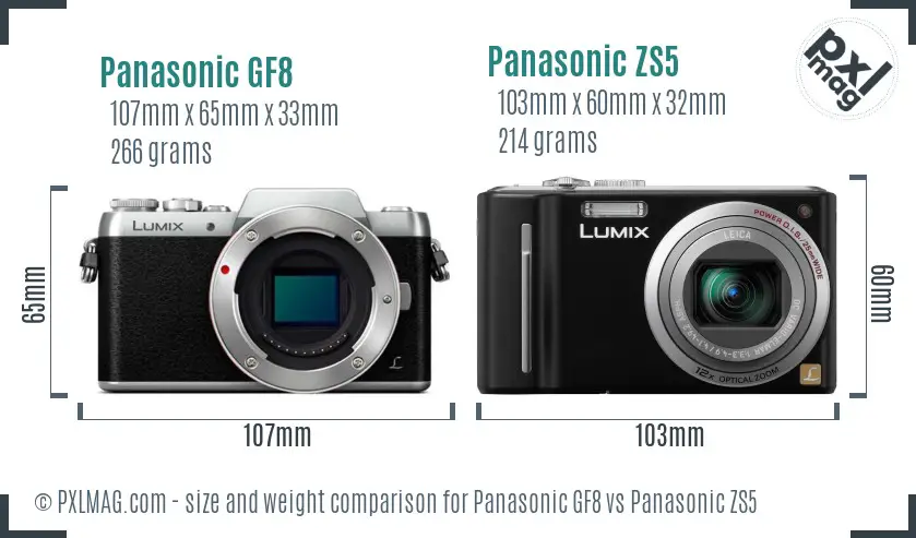 Panasonic GF8 vs Panasonic ZS5 size comparison