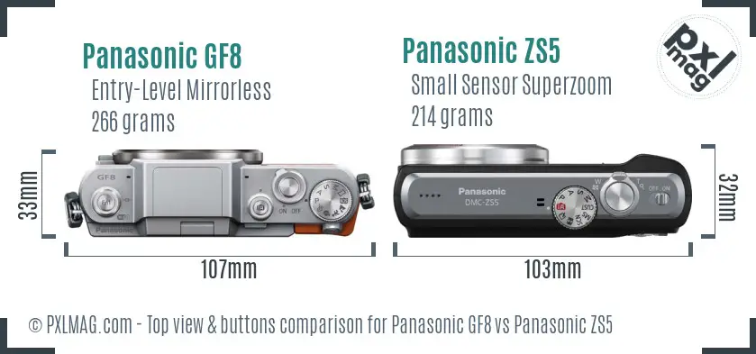 Panasonic GF8 vs Panasonic ZS5 top view buttons comparison
