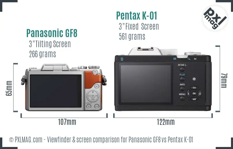 Panasonic GF8 vs Pentax K-01 Screen and Viewfinder comparison