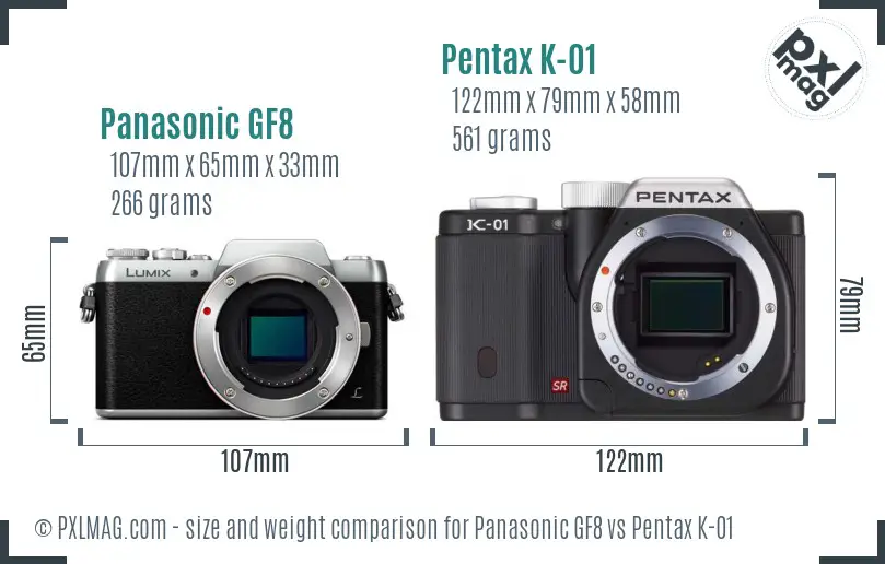 Panasonic GF8 vs Pentax K-01 size comparison
