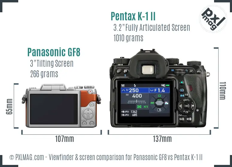 Panasonic GF8 vs Pentax K-1 II Screen and Viewfinder comparison