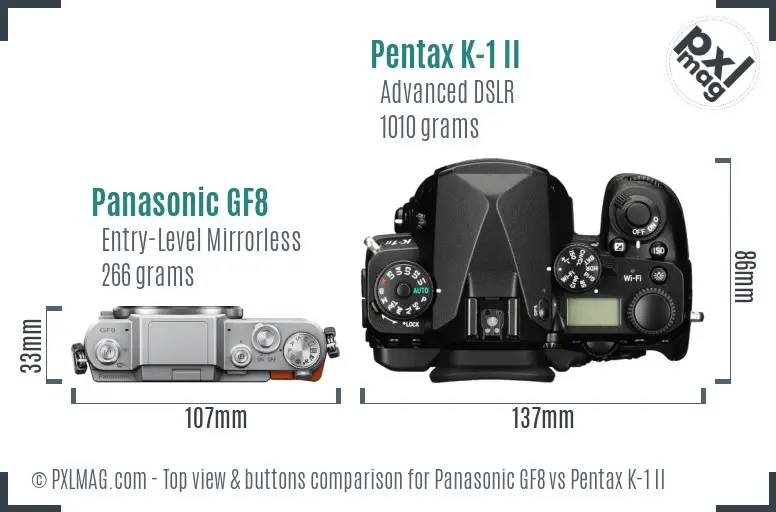 Panasonic GF8 vs Pentax K-1 II top view buttons comparison