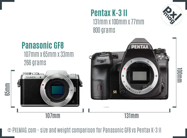 Panasonic GF8 vs Pentax K-3 II size comparison