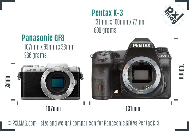 Panasonic GF8 vs Pentax K-3 size comparison
