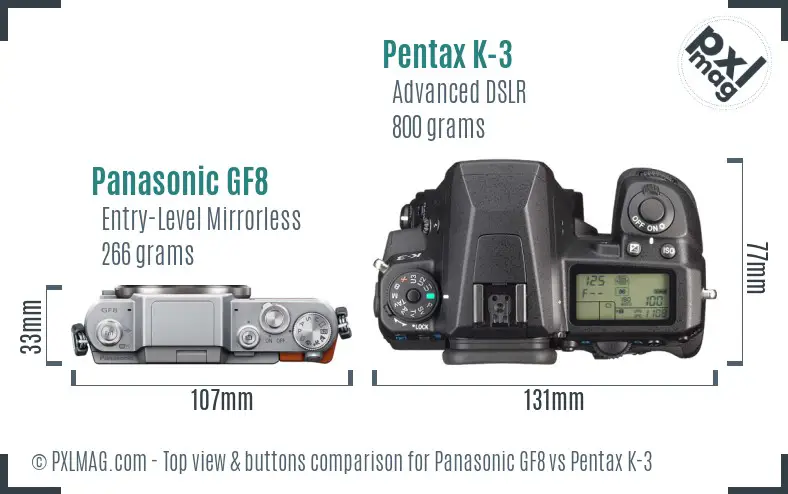 Panasonic GF8 vs Pentax K-3 top view buttons comparison