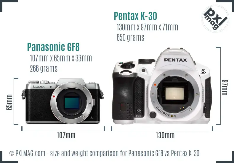 Panasonic GF8 vs Pentax K-30 size comparison
