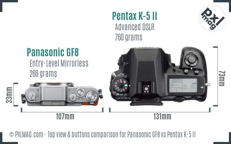 Panasonic GF8 vs Pentax K-5 II top view buttons comparison