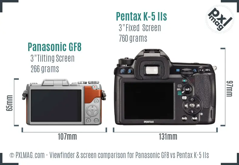 Panasonic GF8 vs Pentax K-5 IIs Screen and Viewfinder comparison